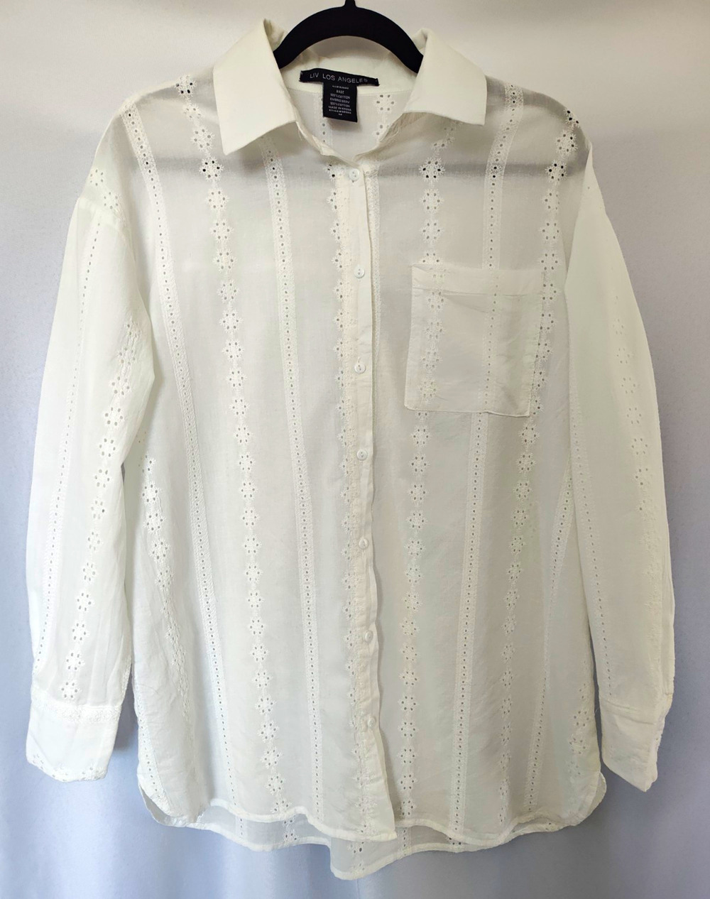 LIV Los Angeles M White Cotton Solid Woven Embroidered Collared Button Front